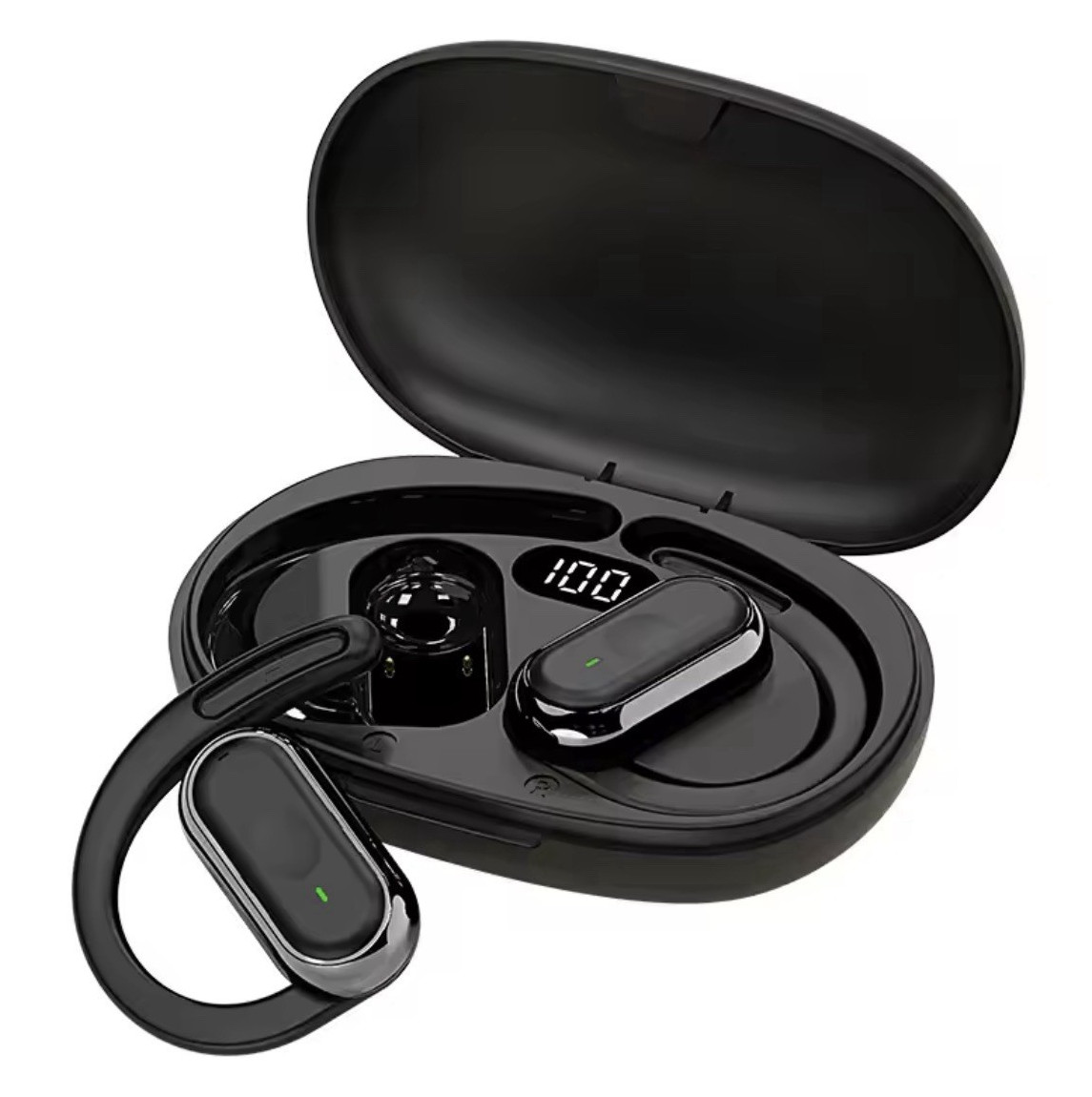 Black Bluetooth Wireless Ear-Hook Earbuds Double w/ Charging Case LED iPhone