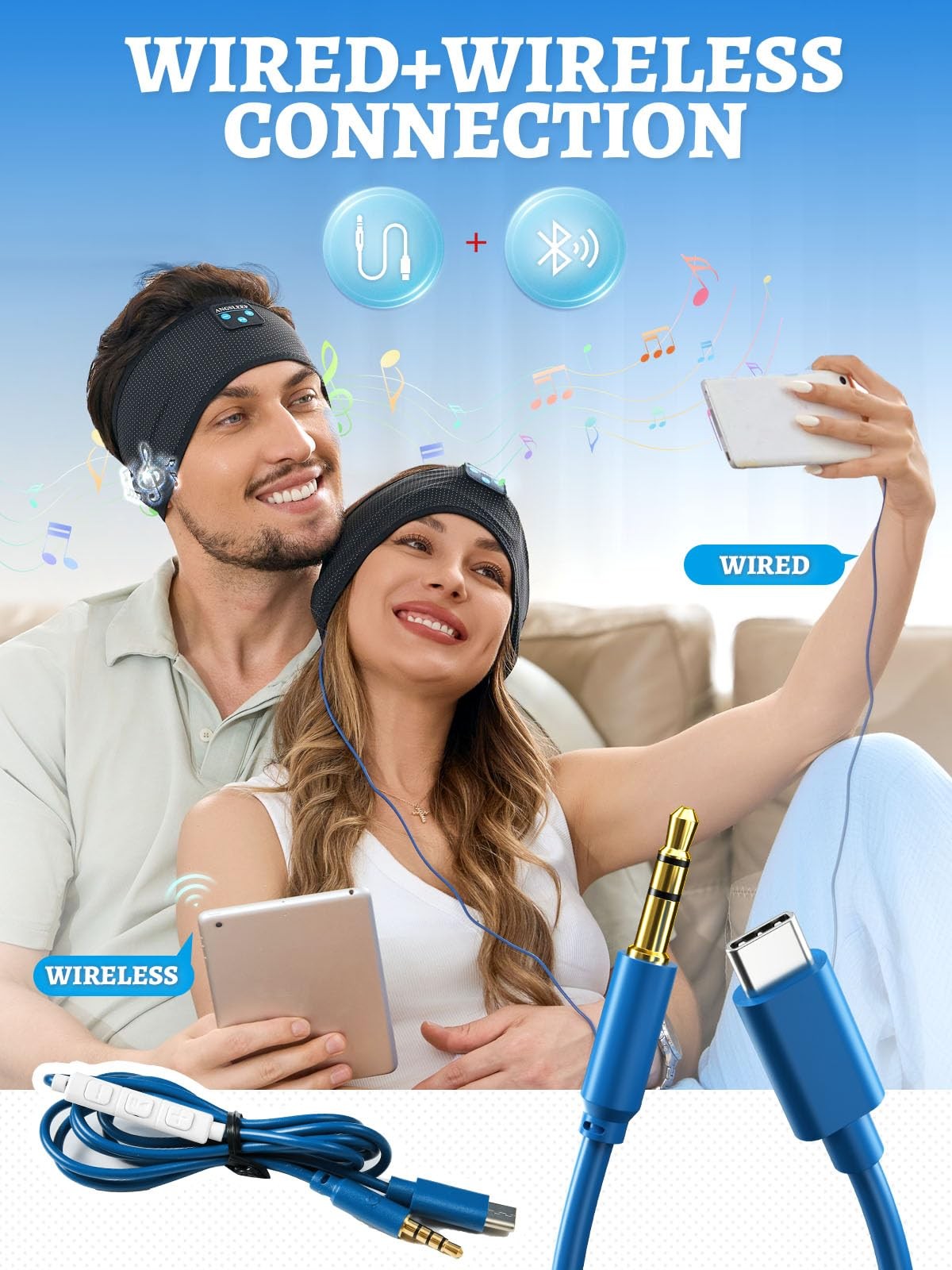 Sleep Headphones Bluetooth Wired 2in1, Headband Side Sleeper Thin Speaker Mic
