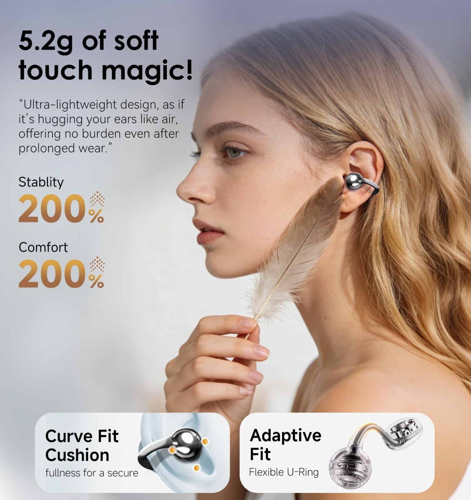 Open-Ear Wireless Bluetooth 6.0 Earbuds, 50H Playtime, IPX5 Waterproof, Mic, Sec