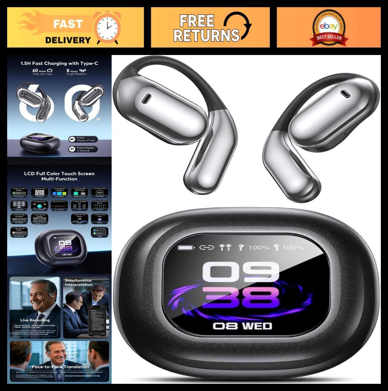 Real-Time AI Language Translation Earbuds with LCD Touchscreen – 144 Languages &