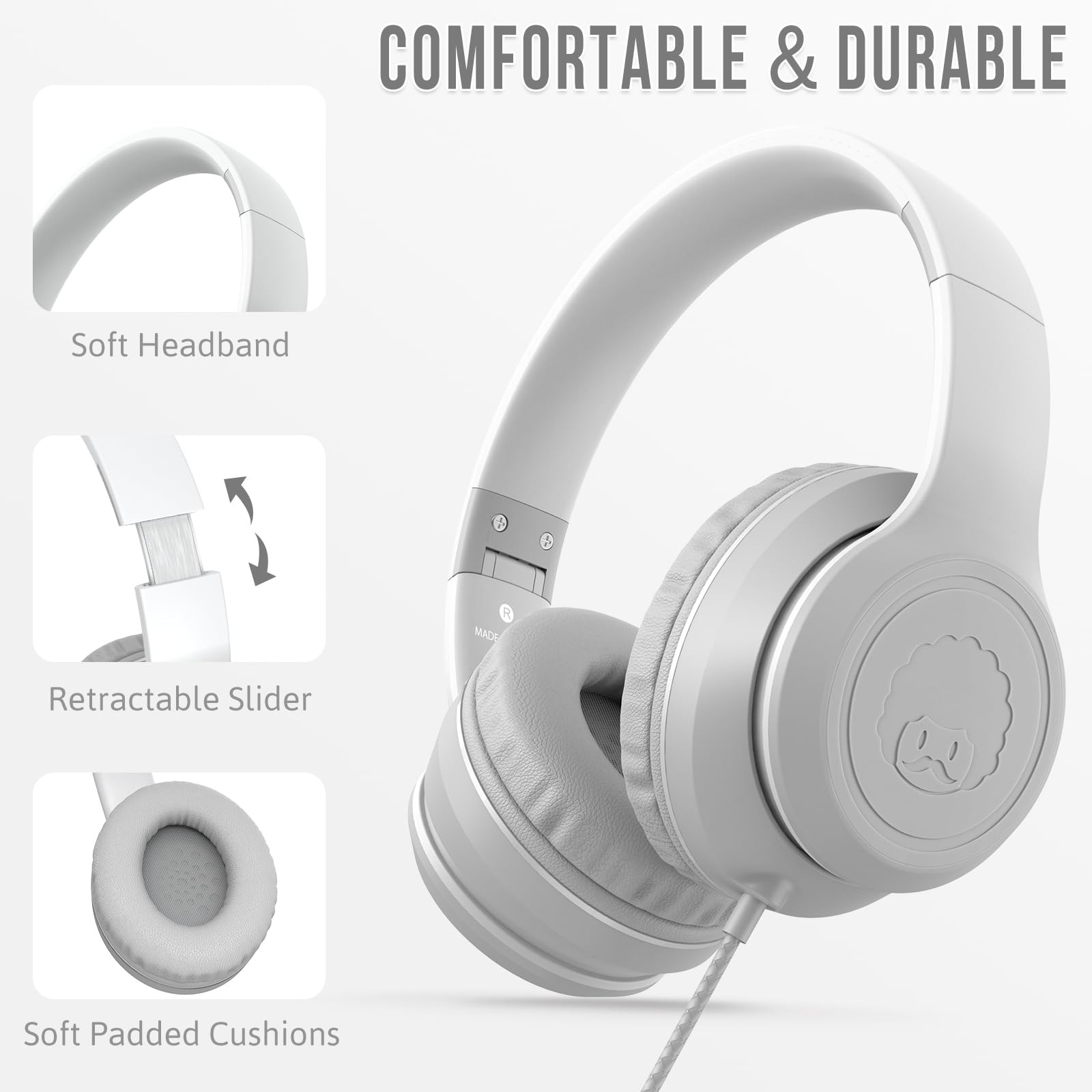 L22 Wired Headphones for Kids Girls Boys Women with Microphone, Foldable Ster…