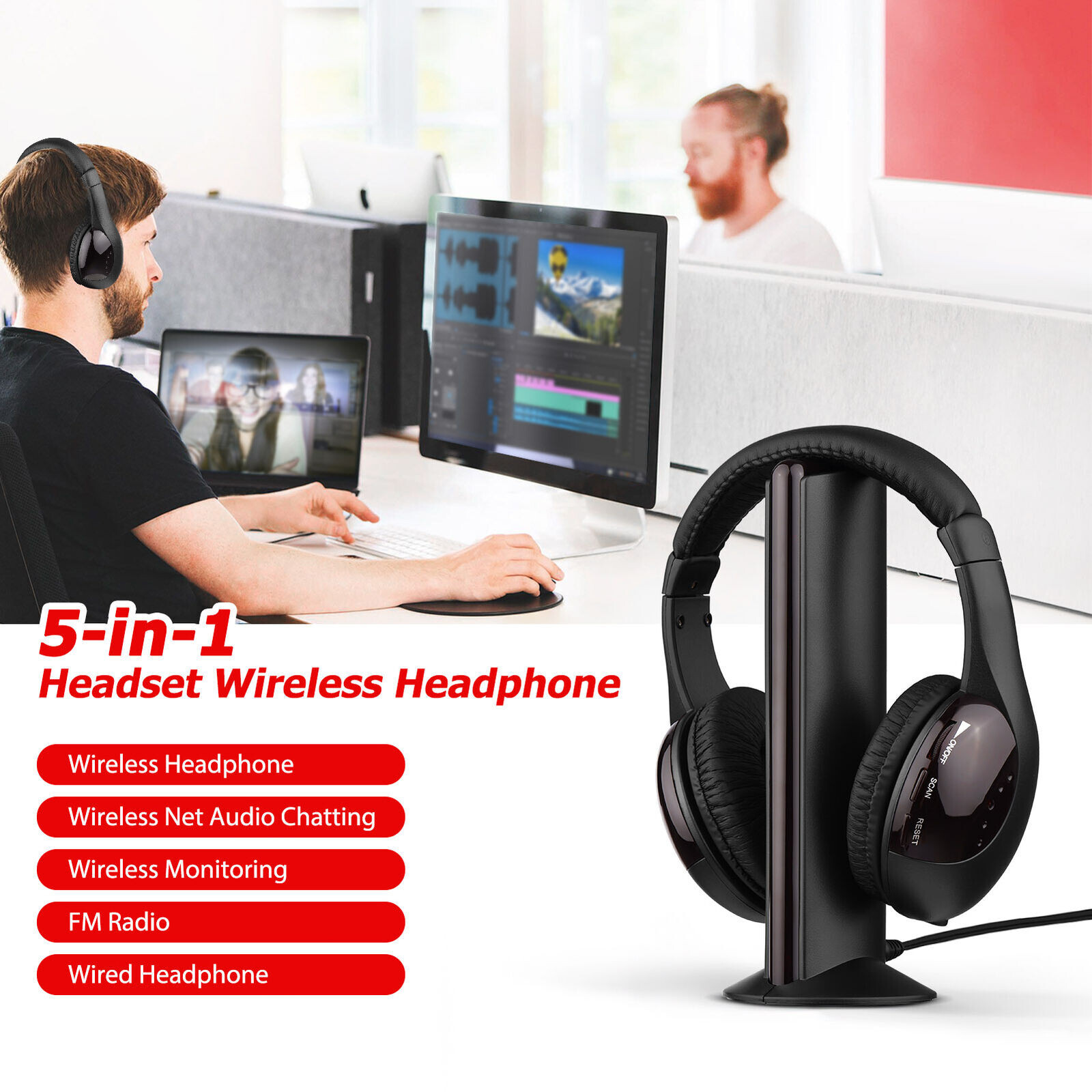 5 in 1 Wireless TV Headphone with RF Transmitter Hi-Fi Over-Ear Headset G7L5