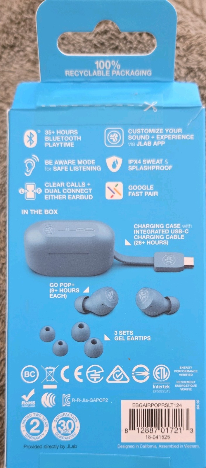 JLAB GOPOP+ Wireless Bluetooth Earbuds, iOS, Android, SLATE***Open Box