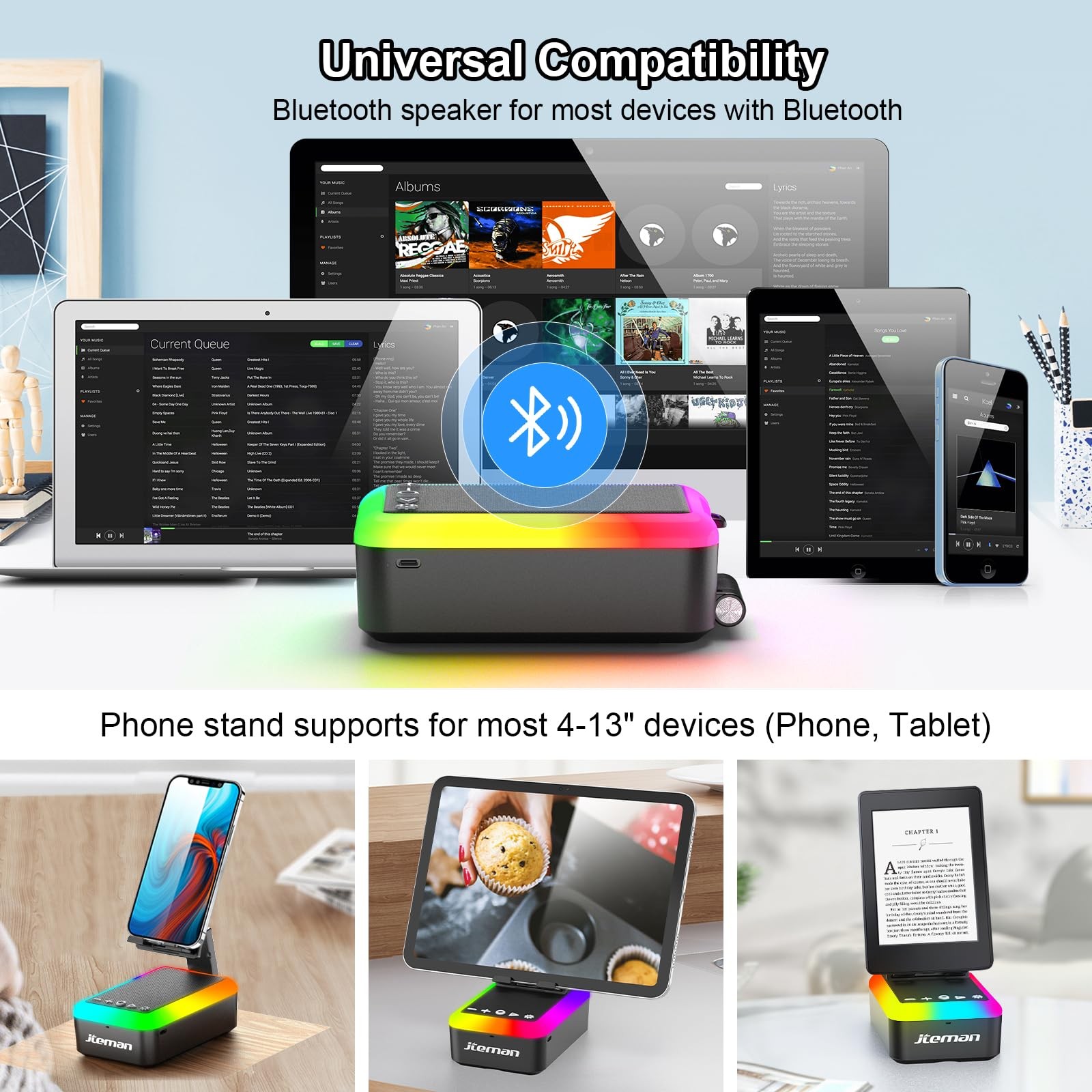 JTEMAN Gifts for Men Women, Cell Phone Stand with Bluetooth Speaker and Black