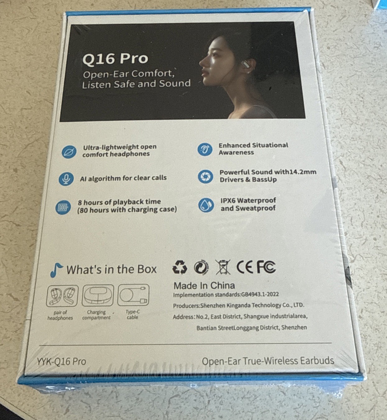 LCD Open-Ear Comfort YYK-Q16 Pro True Wireless Earbuds, Black
