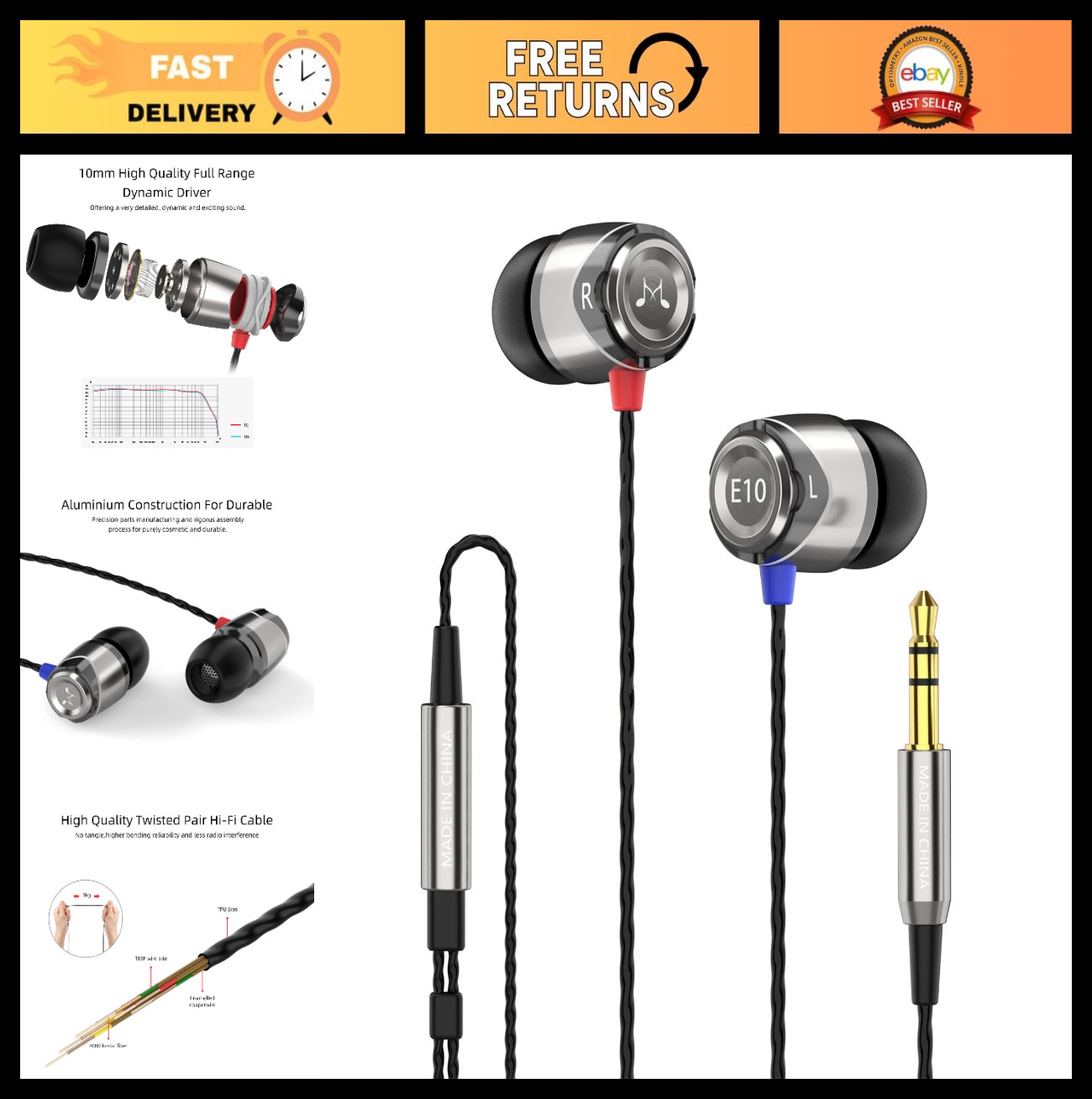 Premium Hi-Fi Wired Earbuds, 3.5mm Jack, Powerful Bass, Tangle-Free Cable, Noise