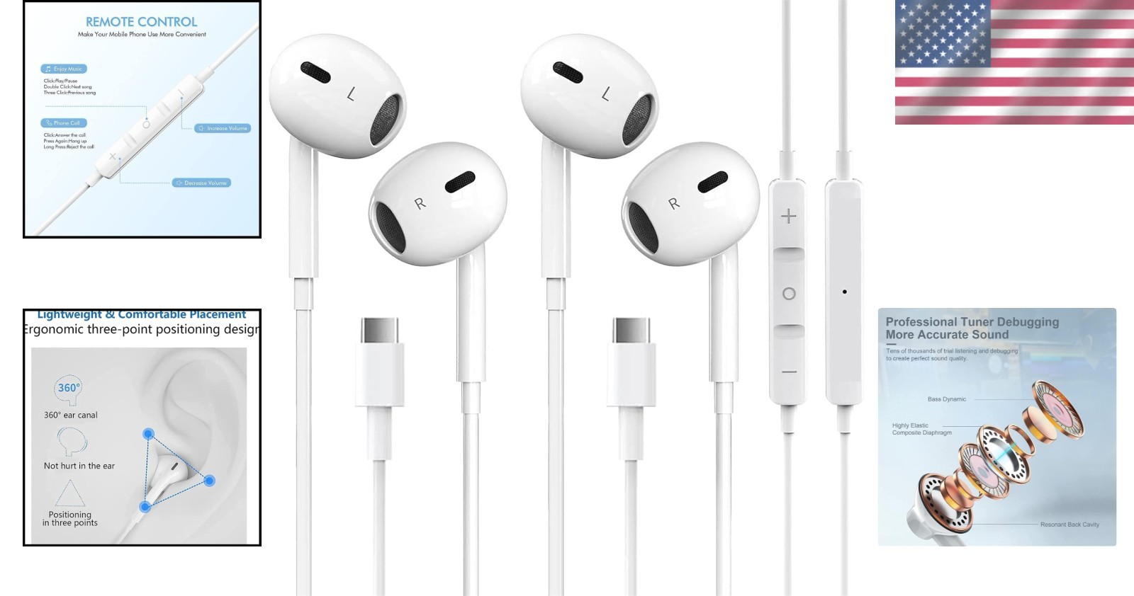 2 Packs USB C Headphones with Metal Connectors for iPhone and Samsung Devices