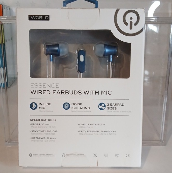 iWorld Essence In-Ear Wired Earbuds Blue/White 3.5mm w/ Mic, Control (RV)