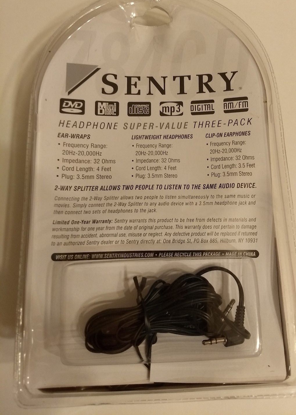 Sentry 784CD Headphones with Splitter Plug, Pack of 3 Styles Standard Packaging.