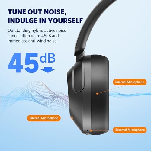 Wave Pro Active Noise Canceling Headphones, Wireless Over Ear Bluetooth Black