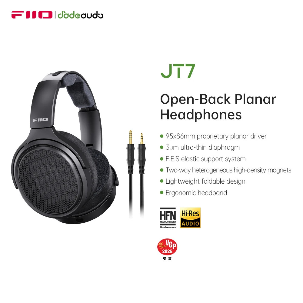 FiiO JT7 Over-Ear Planar Magnetic Headphones 95x86mm Driver 4.4mm/3.5mm Cable