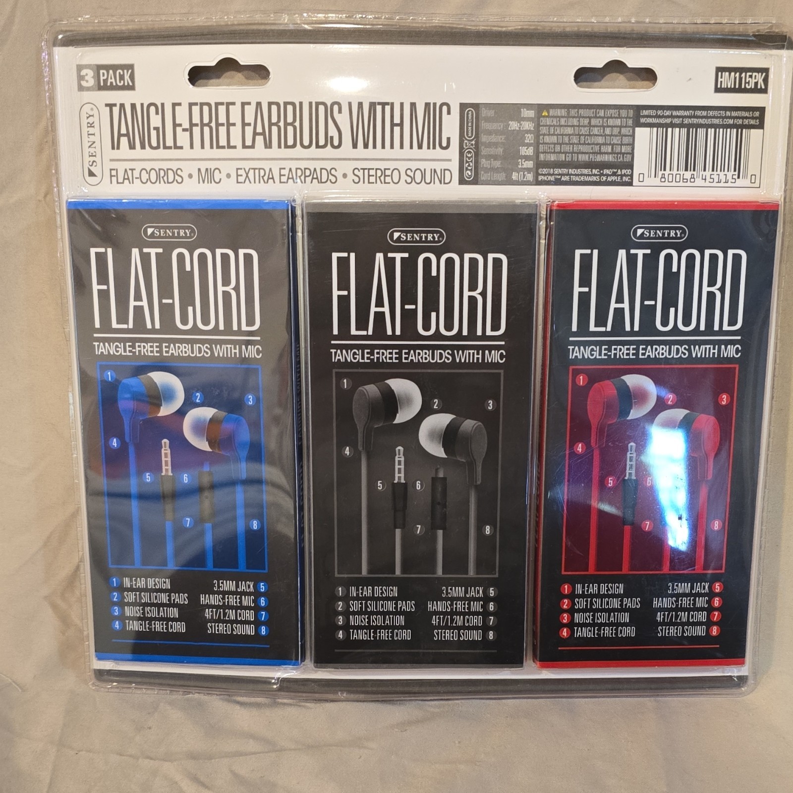 Sentry Flat-Cord Tangle-Free Earbuds w/ Mic 3.5mm 3-Pack Black/Blue/Red