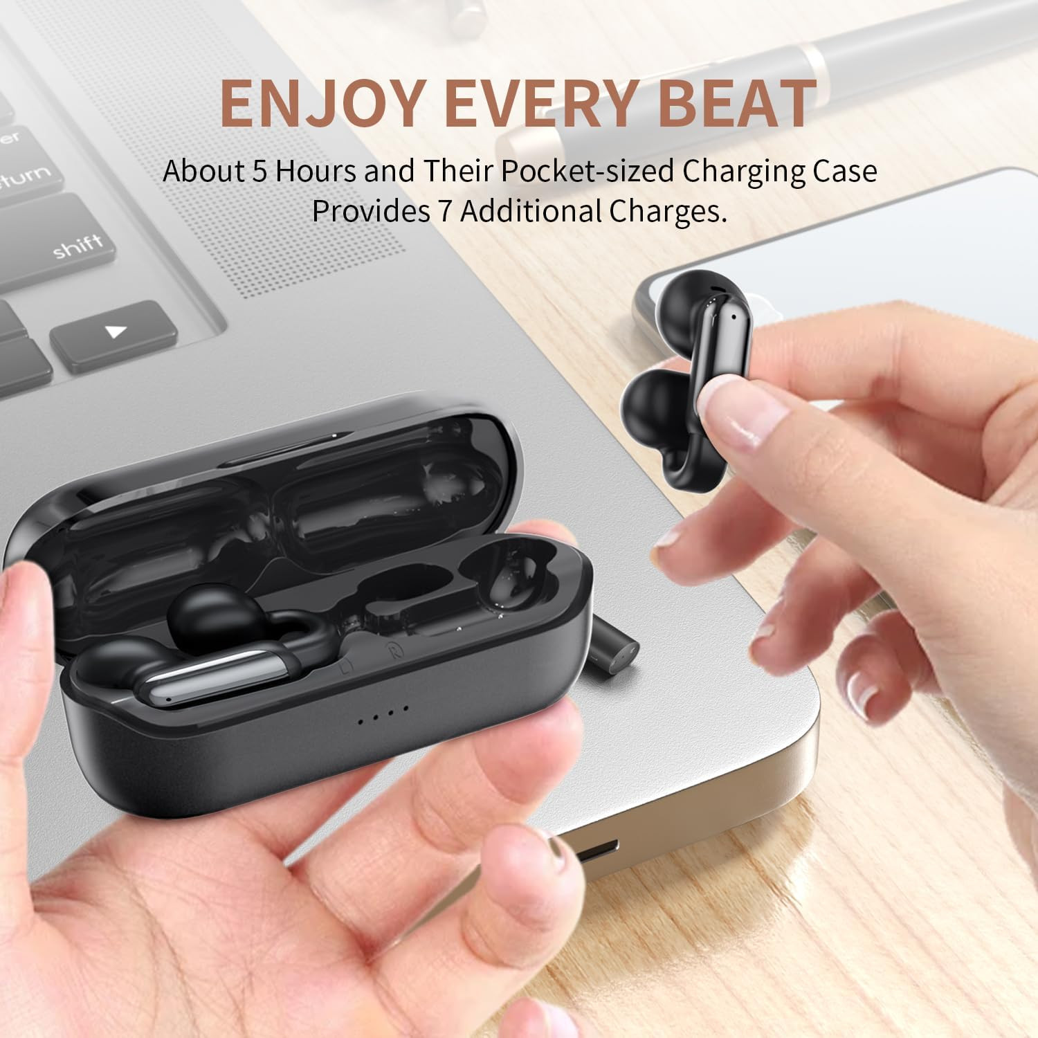 Clip-On Open-Ear Bluetooth 5.4 Earbuds, Mic, 35H Playtime, Black