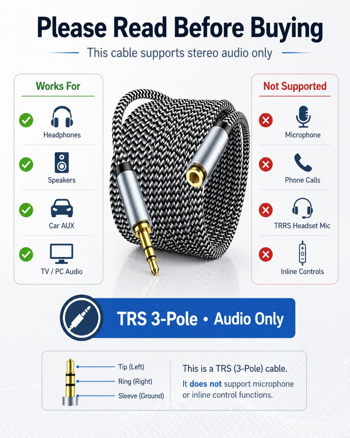 Headphone Extension Cable 10ft – Aux 3.5mm Extension Cable Male to Female, 1/8 I