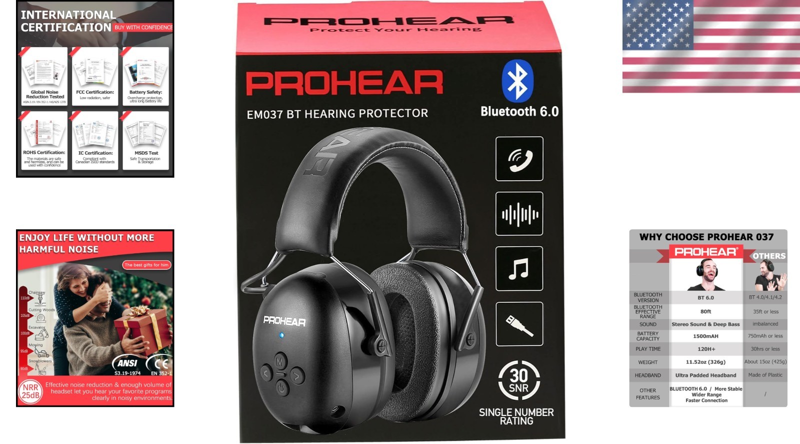 037 Bluetooth 6.0 Hearing Protection Headphones – 30dB Noise Reduction, 120H