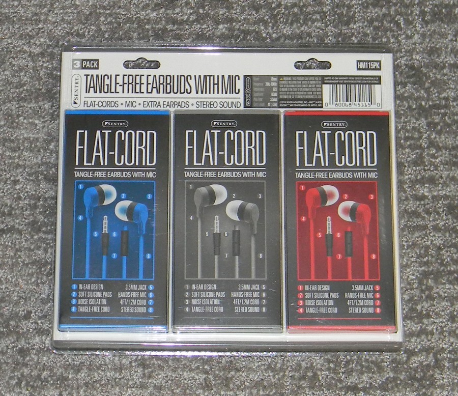 Sentry Flat-Cord Tangle Free Earbuds w/Mic – 3 Pack – Red, Gray & Blue