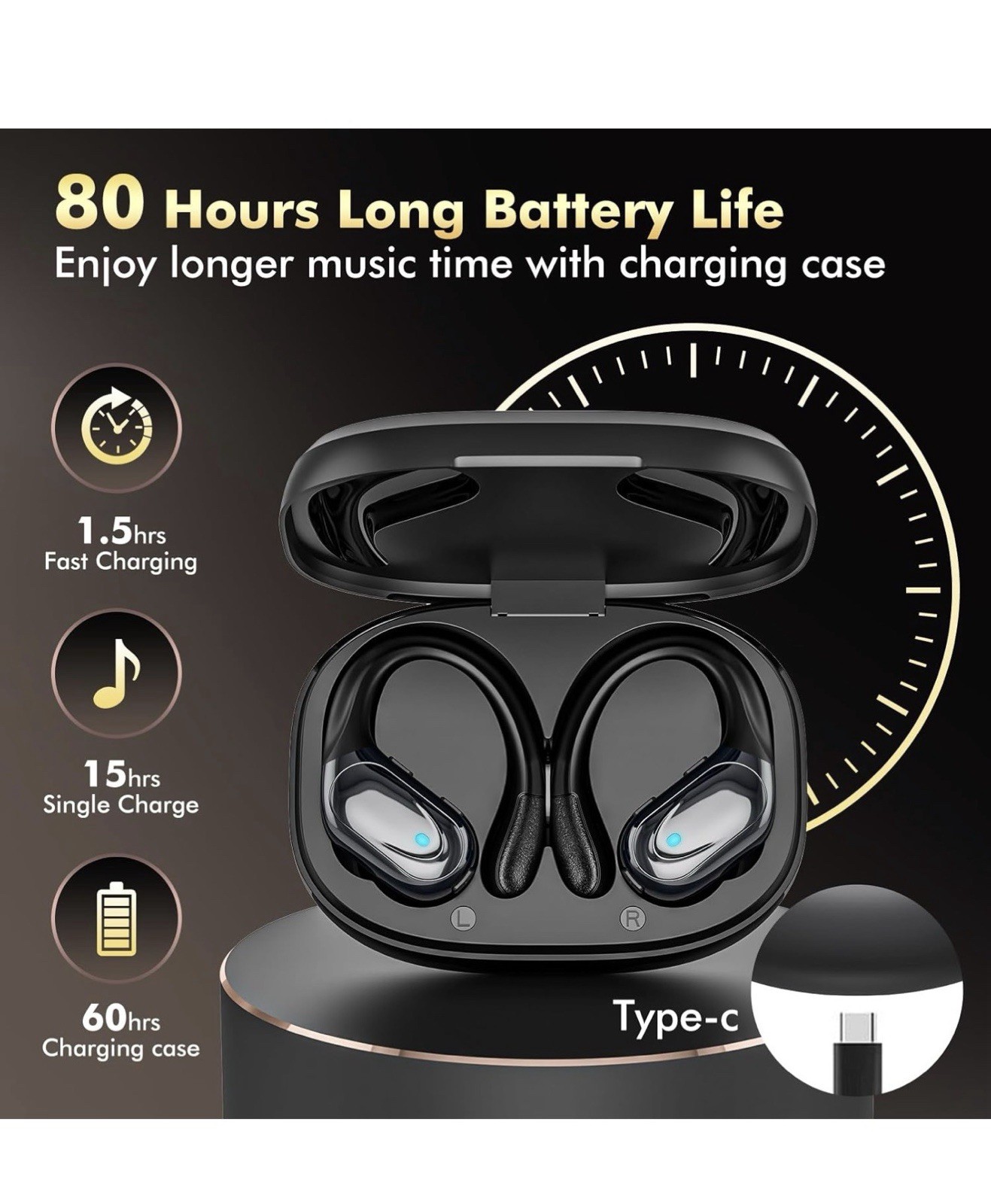 Wireless Earbuds, Sports Headphones, 80Hrs Playtime Buds with LED Power Display