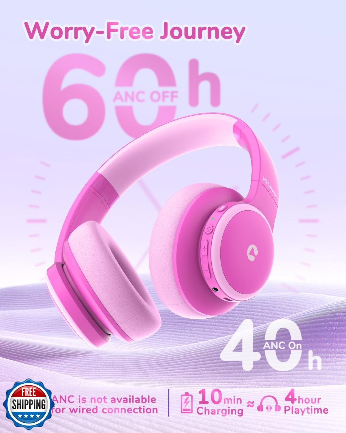 iClever BTH26 Active Noise Cancelling Headphones for Kids, 60H Play Time, Saf