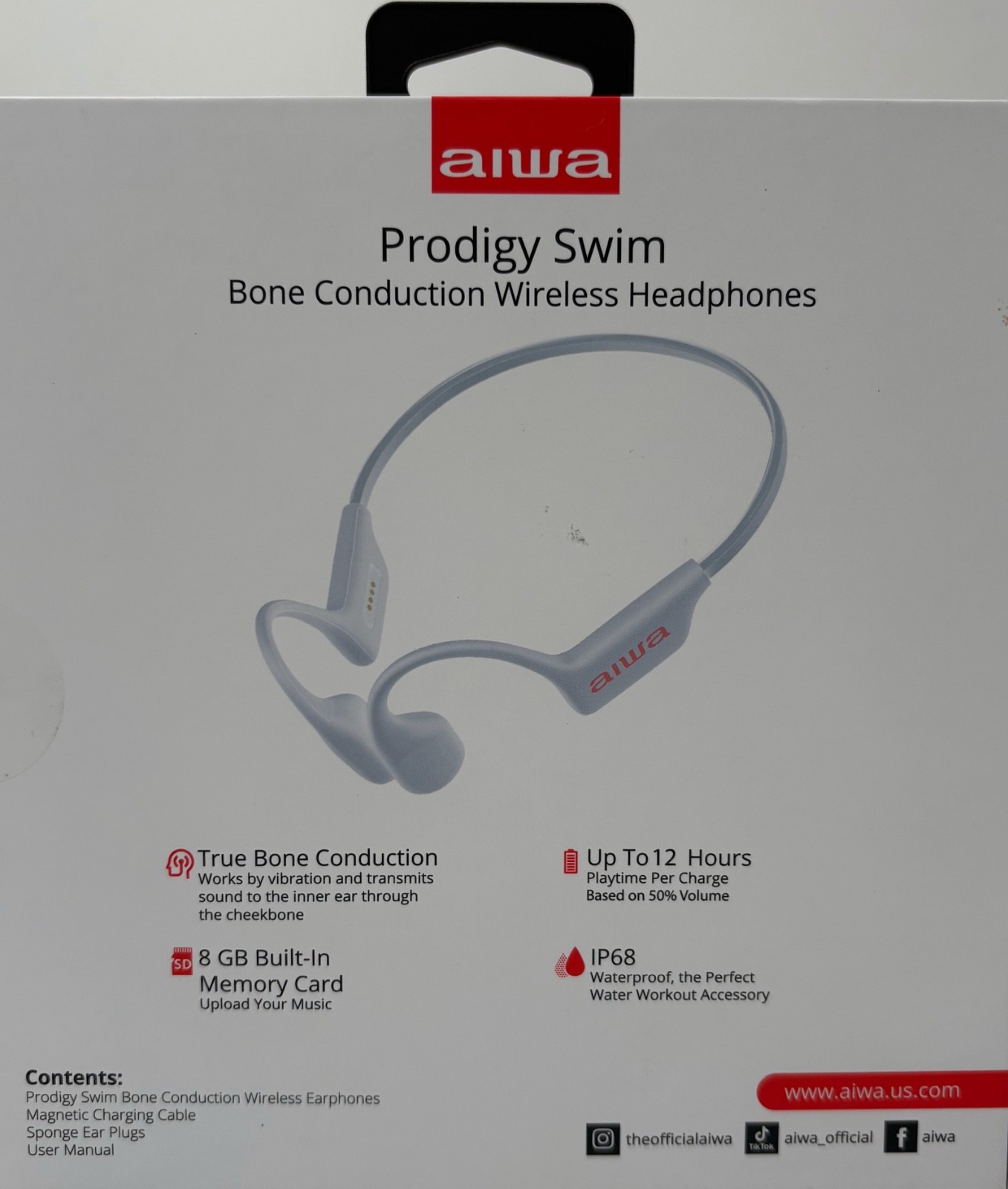 AIWA Prodigy Swim Bone Conduction Open Ear Waterproof Headphones Bluetooth—White