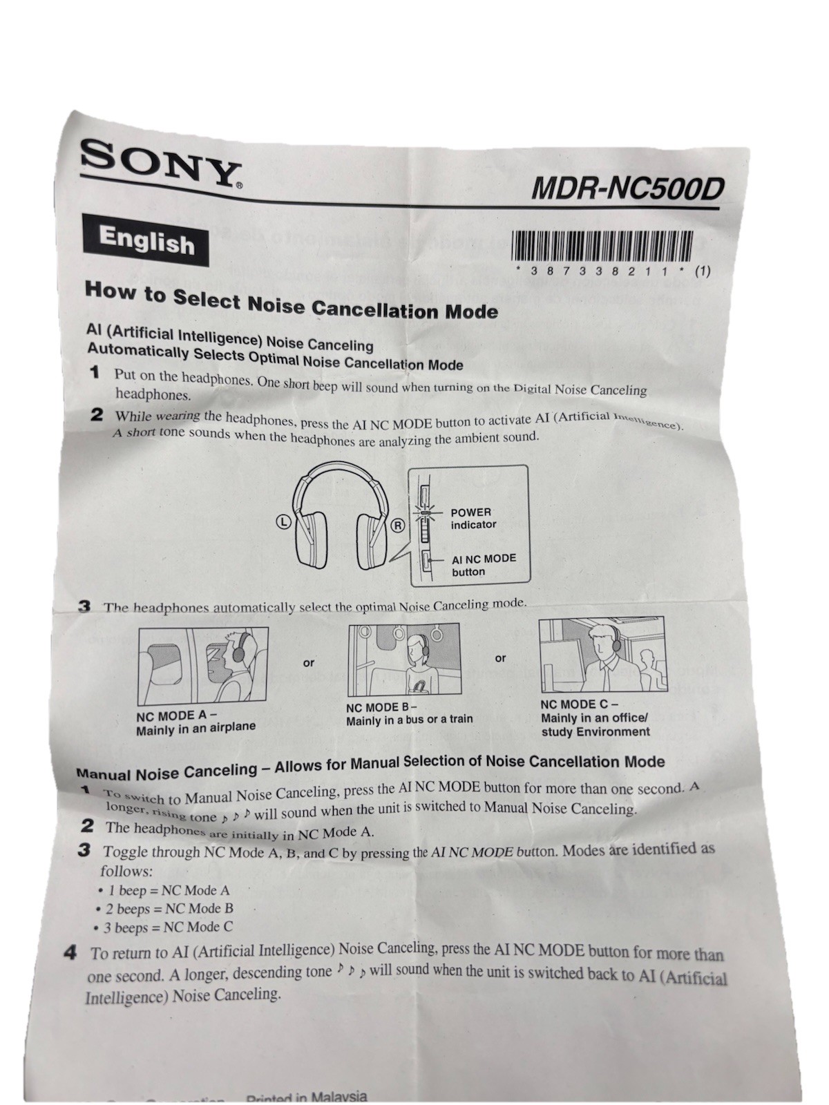 Sony MDR-NC500D Noise Canceling Headphones – Black