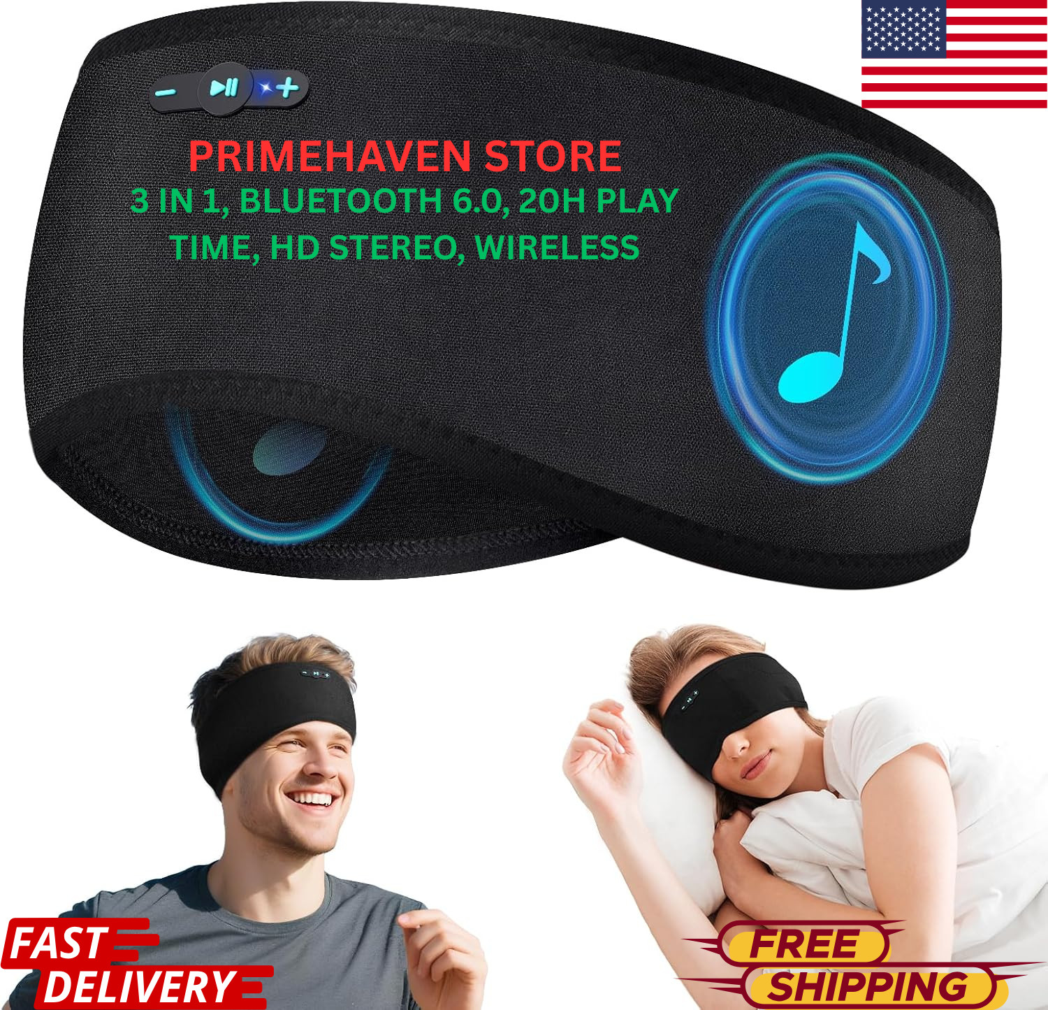 Sleep Mask Bluetooth Headphones Wireless Headband Eye Mask Sport 20H Stereo USB