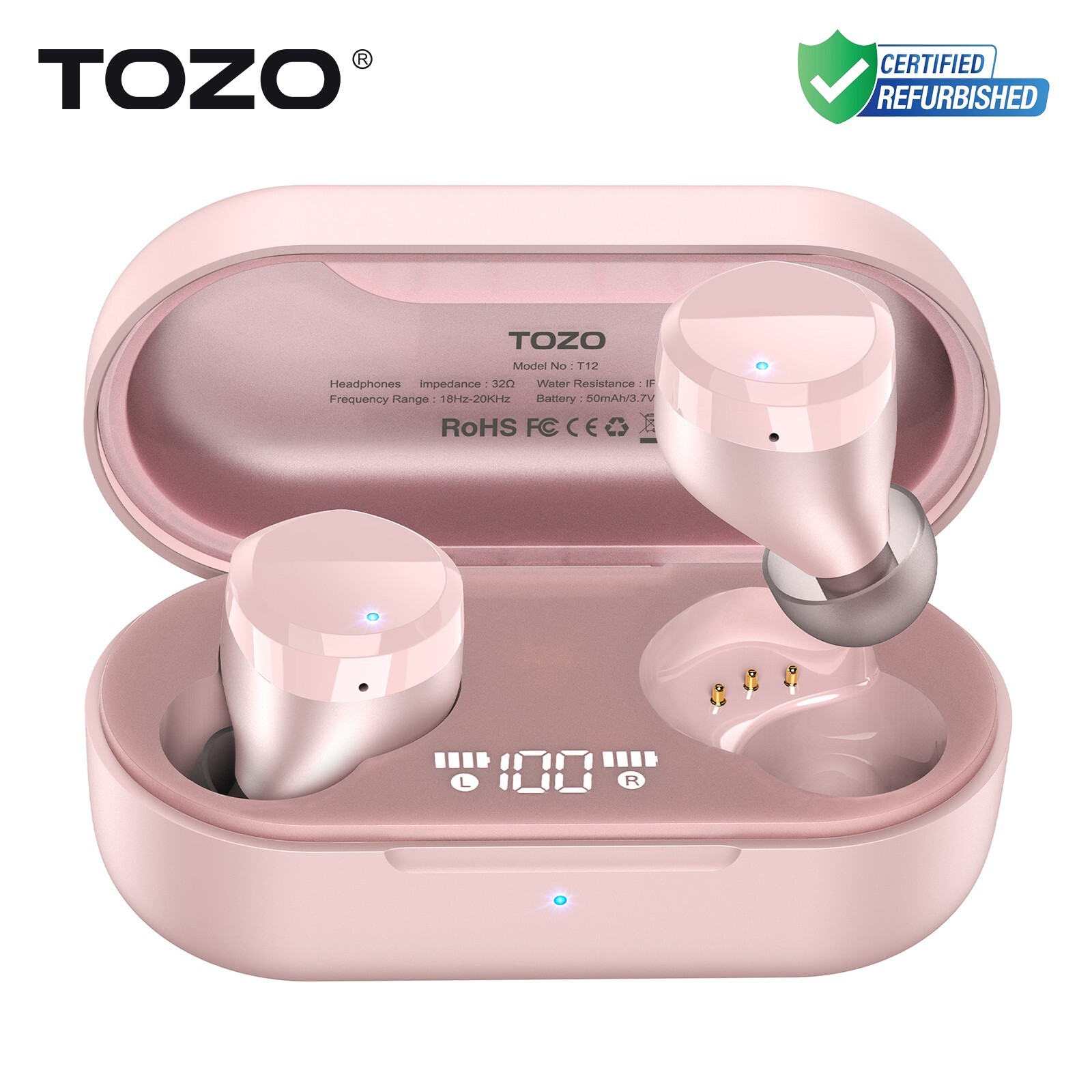 TOZO T12 Bluetooth Wireless Earbuds IPX8 Waterproof, Pink (Renew)