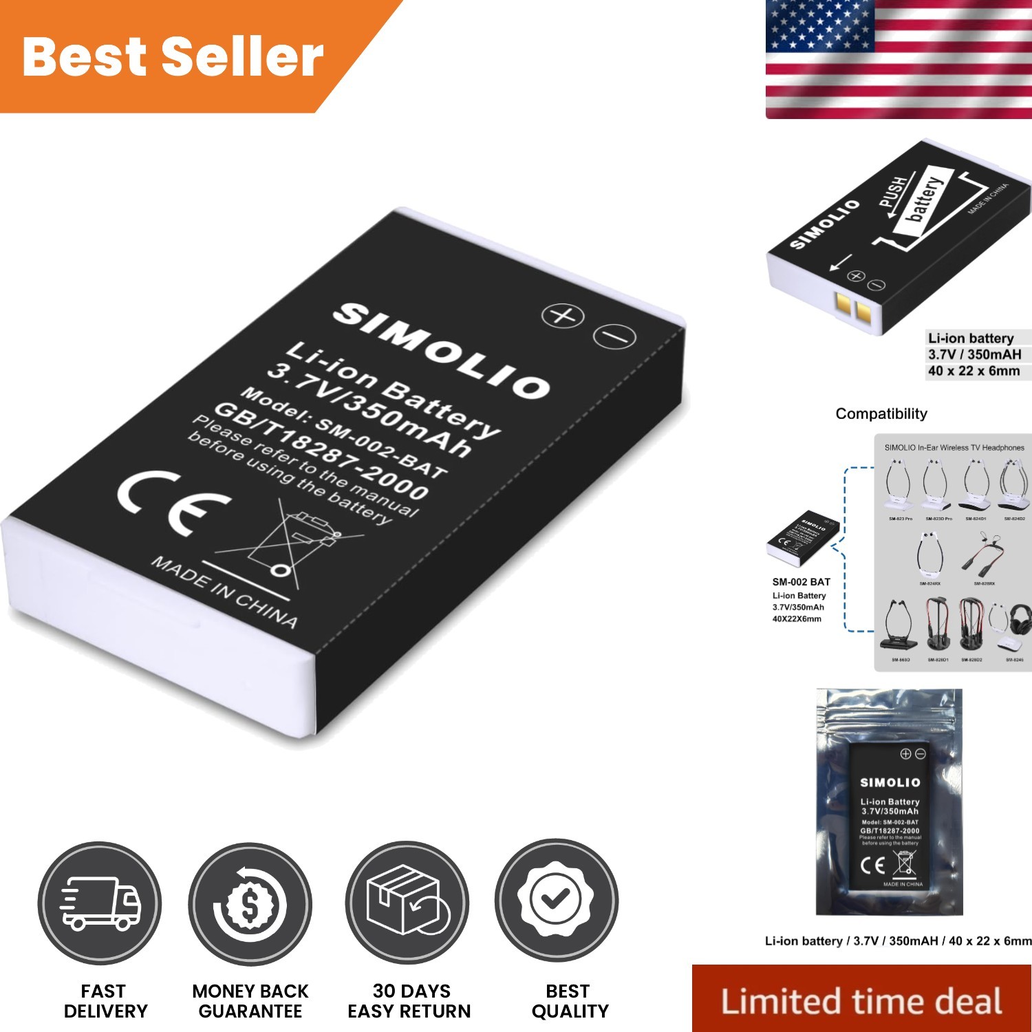Rechargeable Li-Ion Replacement Battery for Wireless TV Headsets SM-823 Series