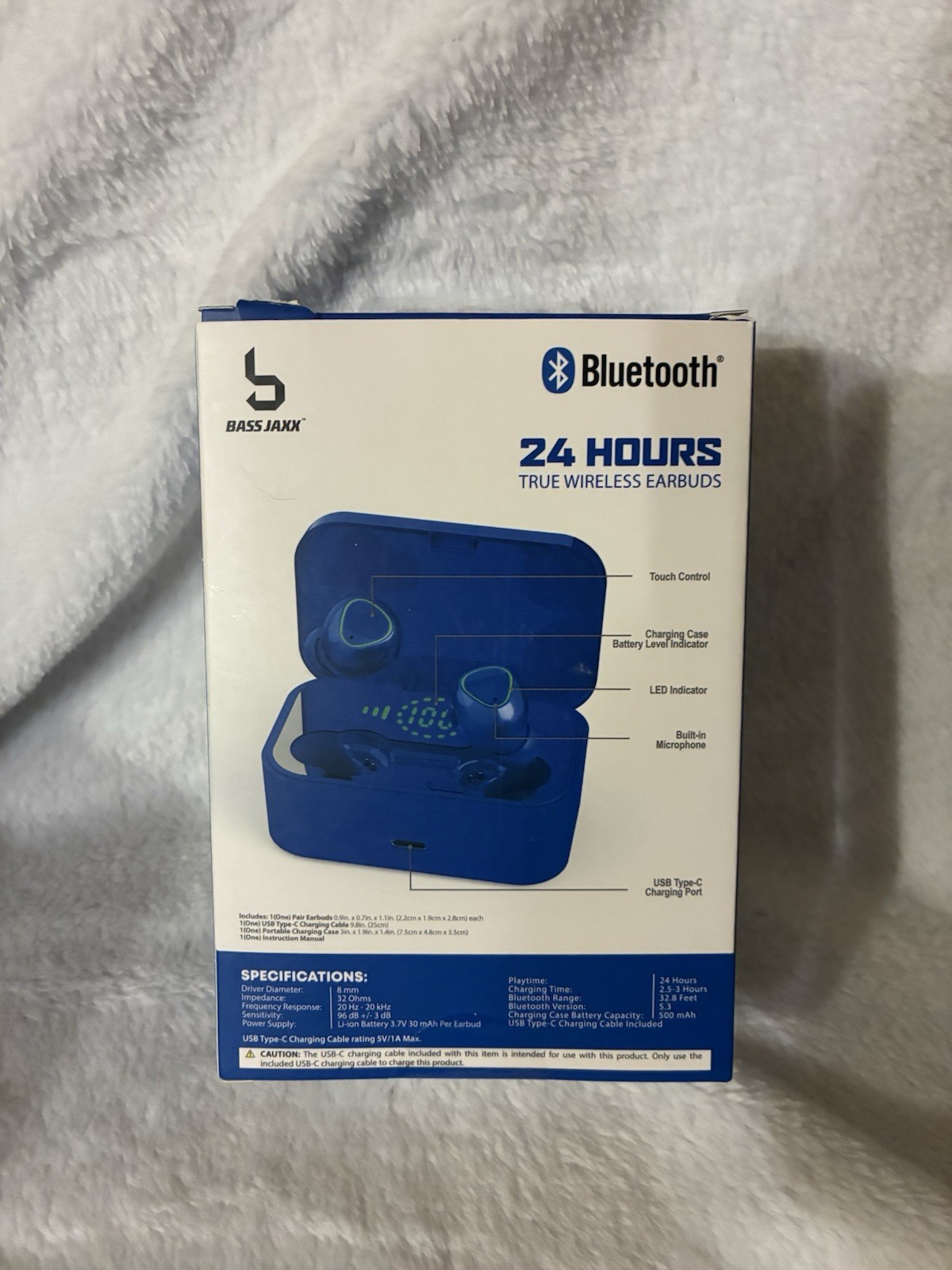 Bass Jaxx 24 Hours True Wireless Earbuds Bluetooth Blue Touch Control Case