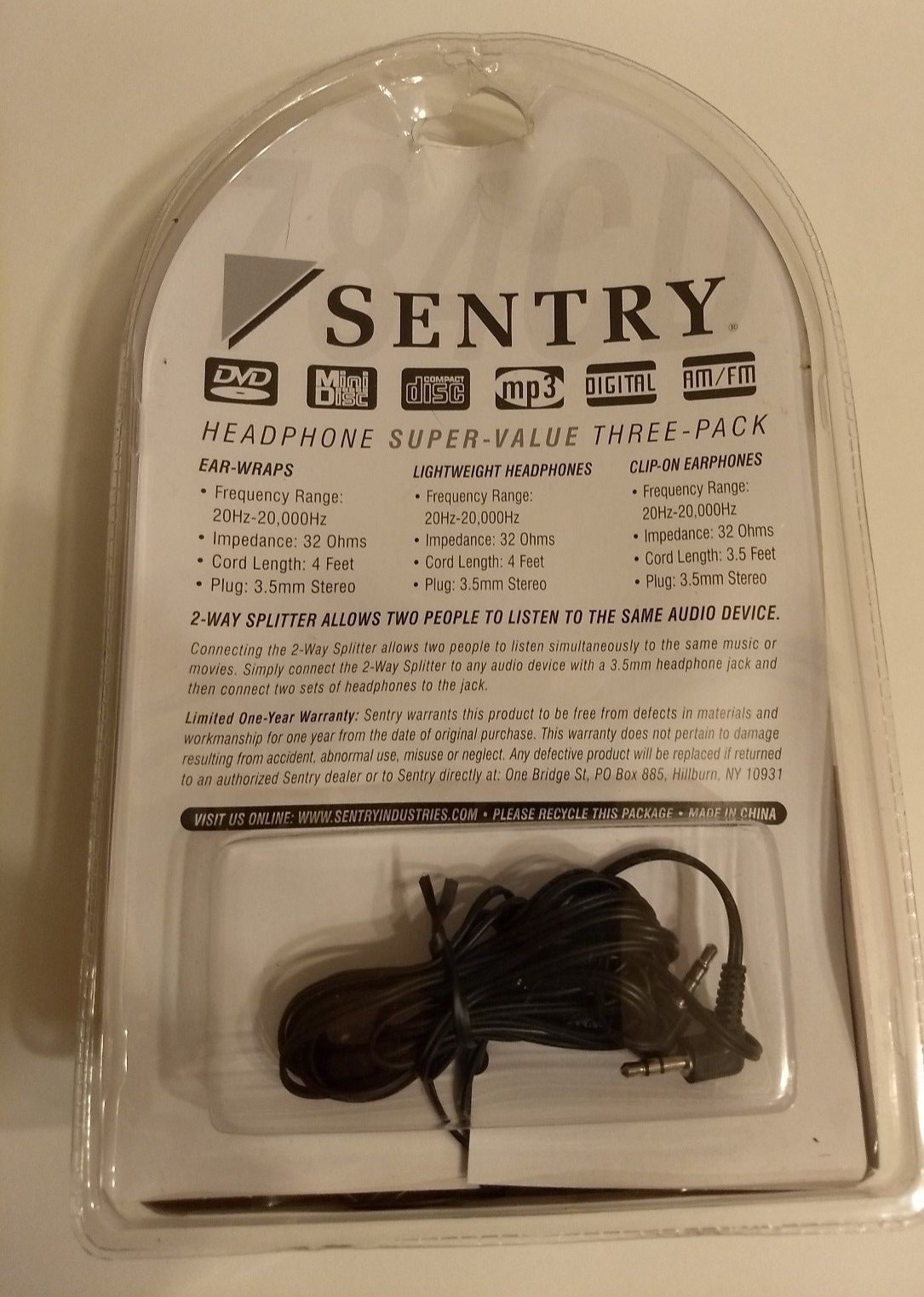 Sentry 784CD Headphones with Splitter Plug, Pack of 3 Styles Standard Packaging.