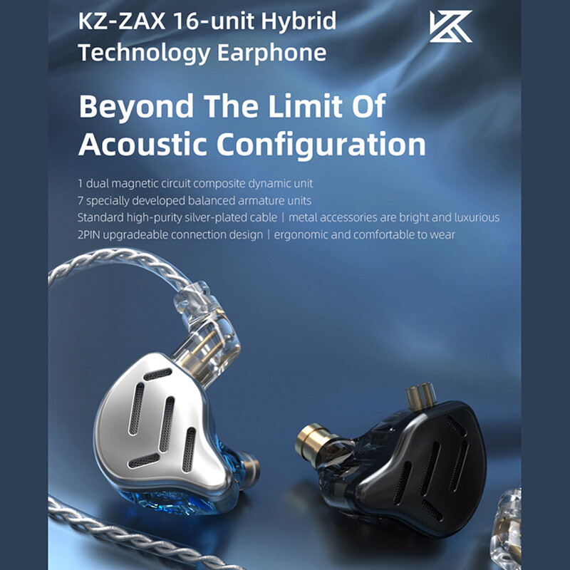 KZ ZAX 1DD+7BA 16 Units Hybrid Technology Noise Cancelling HIFI Dynamic Earphone