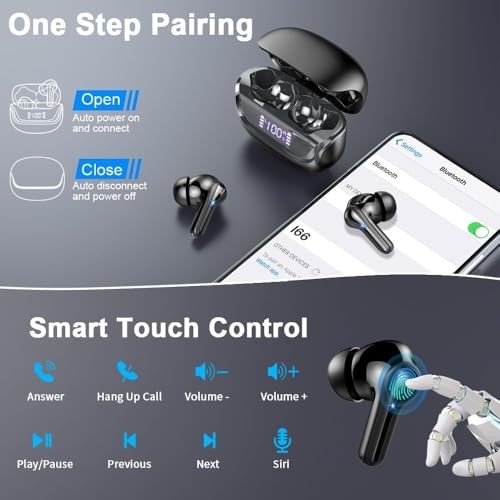 Wireless Earbuds, Bluetooth 5.4 Headphones with ENC Noise Canceling Dark Black