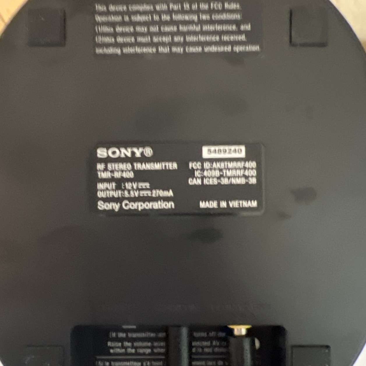 SONY WH-RF400 Wireless Headphones Transmitter Charging Base and Power Supply ON