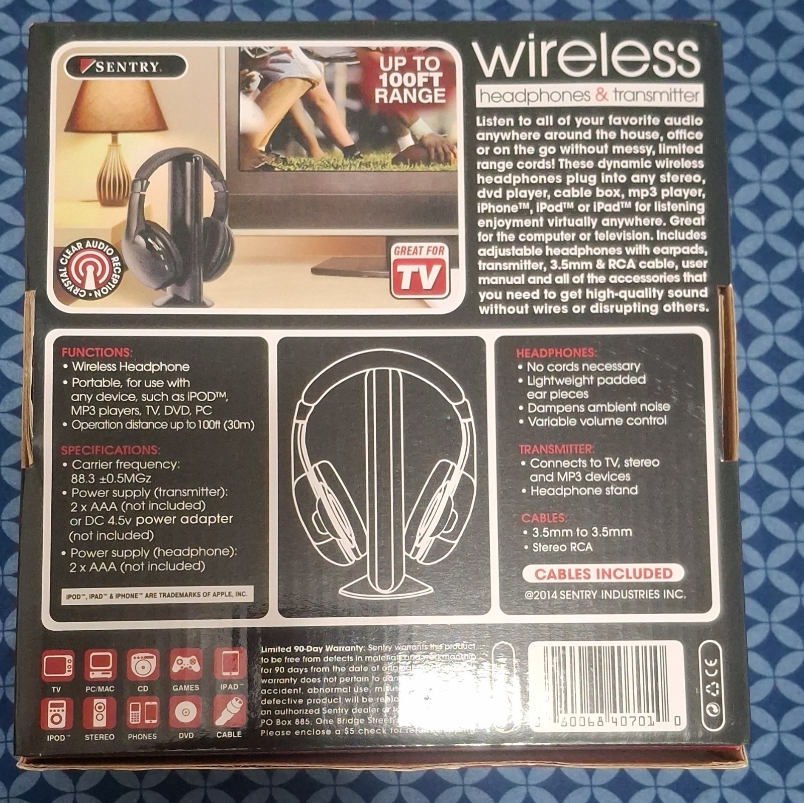 Sentry HW701 RF Wireless TV Headphones w/ FM Transmitter 100ft RCA 3.5mm