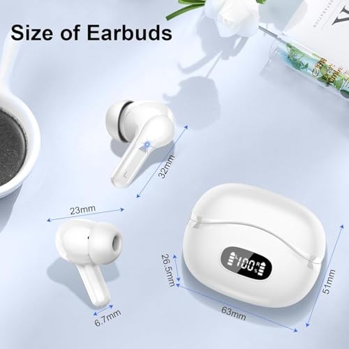 Wireless Earbuds, Bluetooth Headphones 5.4 HiFi Stereo, Ear Buds with 4 White