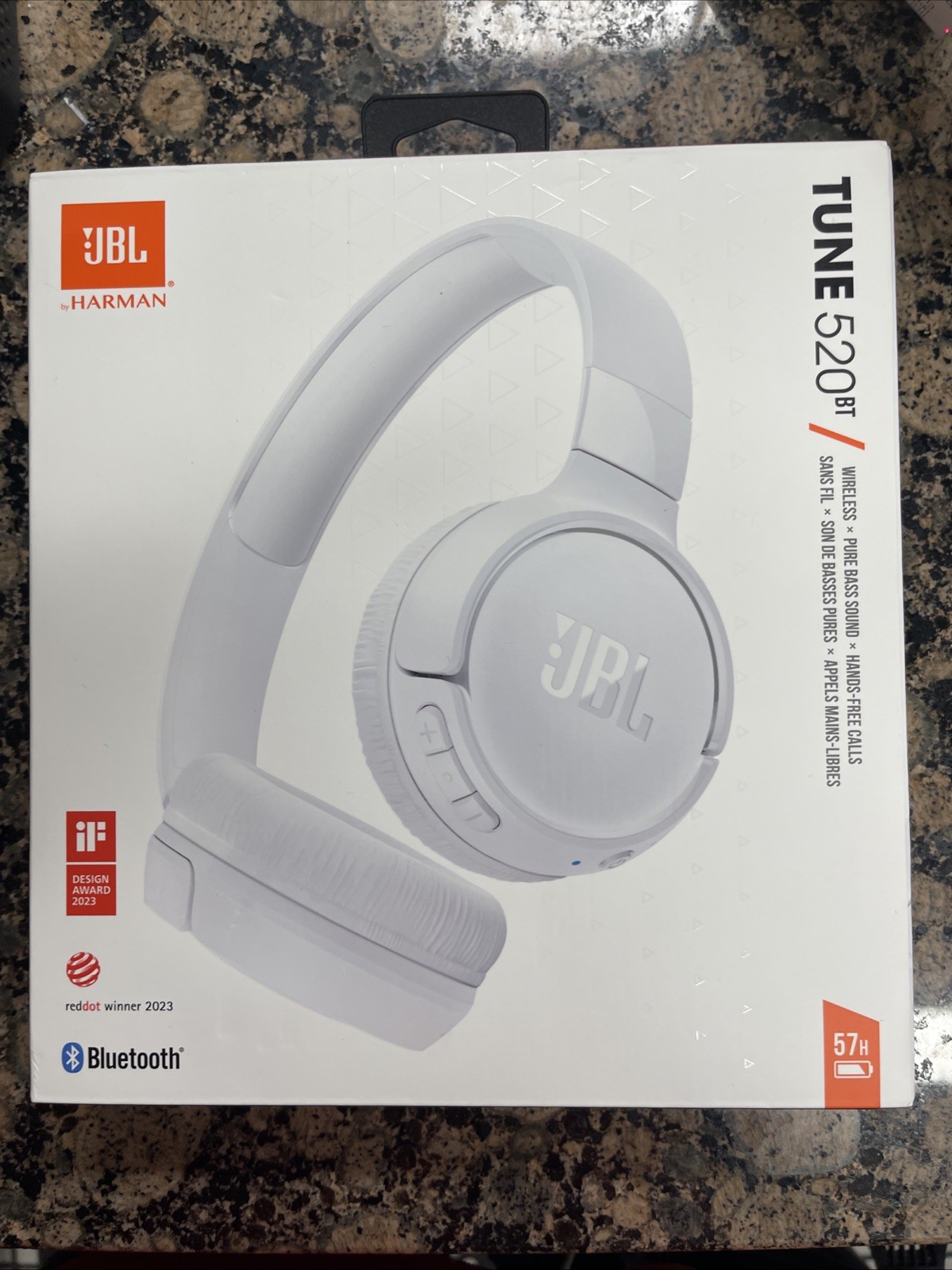 JBL Tune 520BT Pure Bass Wireless Bluetooth Headphones (White)