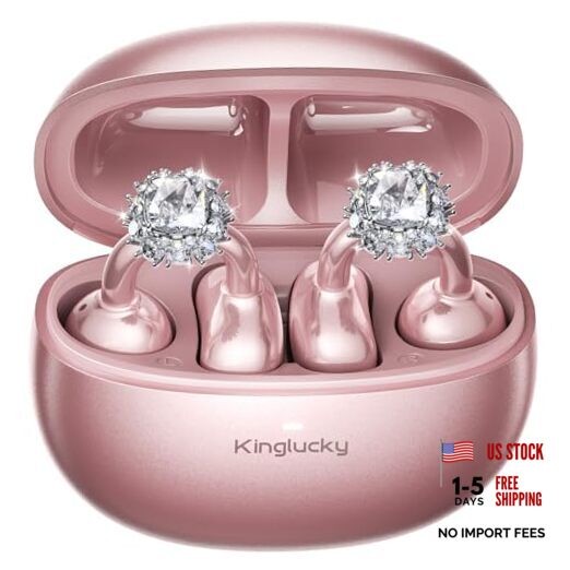 Clip-On Open Ear Earbuds with Detachable Diamond Earrings, Bluetooth Rose Gold