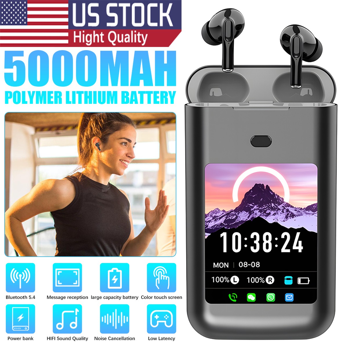 Bluetooth 5.4 TWS Earbuds 1.83″ Touchscreen 5000mAh Powerbank Case Flashlight