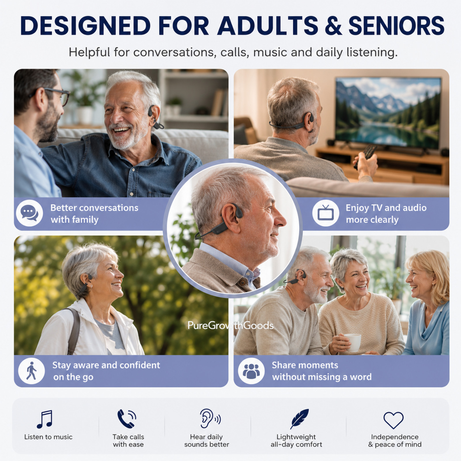 Bone Conduction Sound Amplifier Headphones Bluetooth Open Ear for Seniors