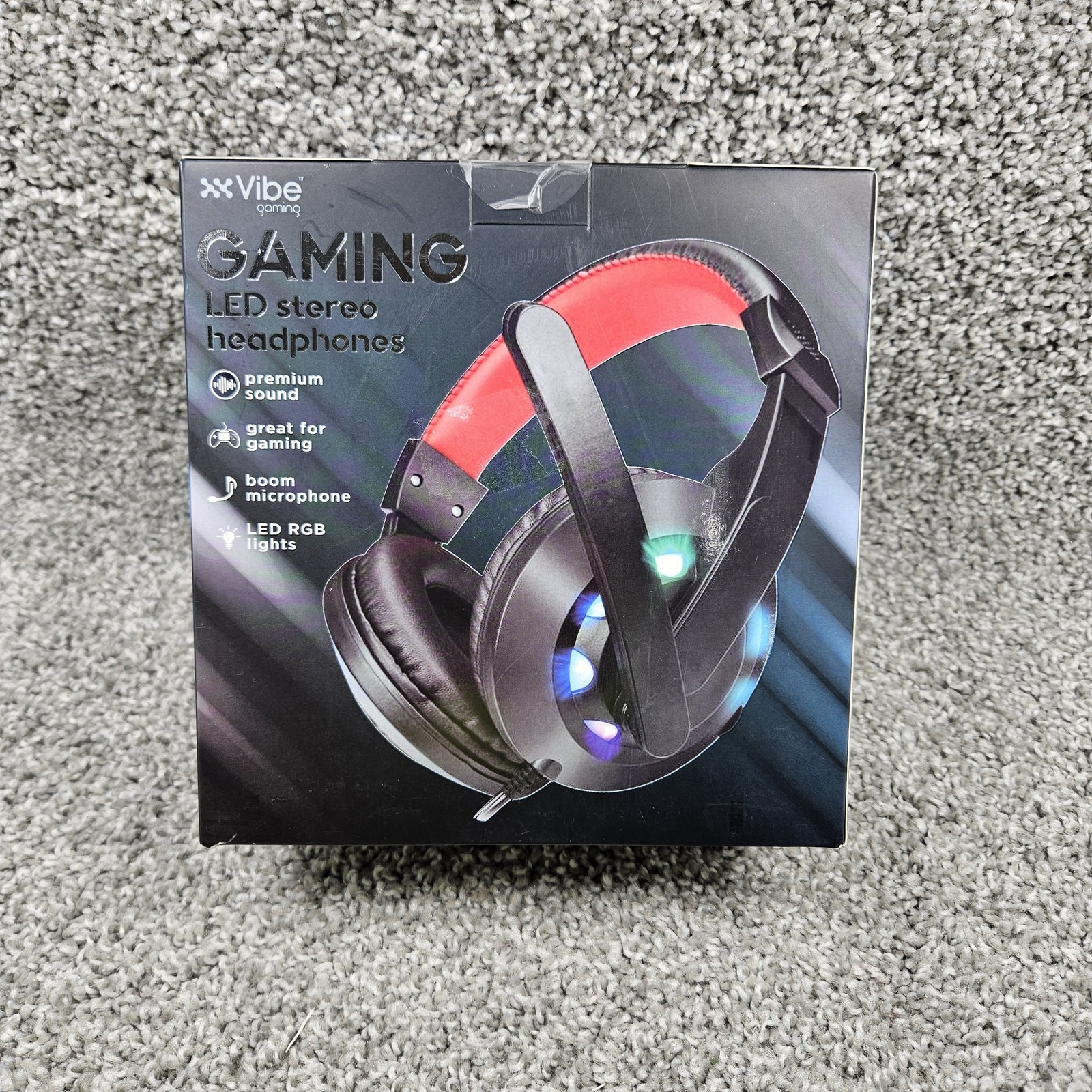 Vibe Gaming LED Stereo Headphones RGB Lights Boom Mic PC Adapter Black Red
