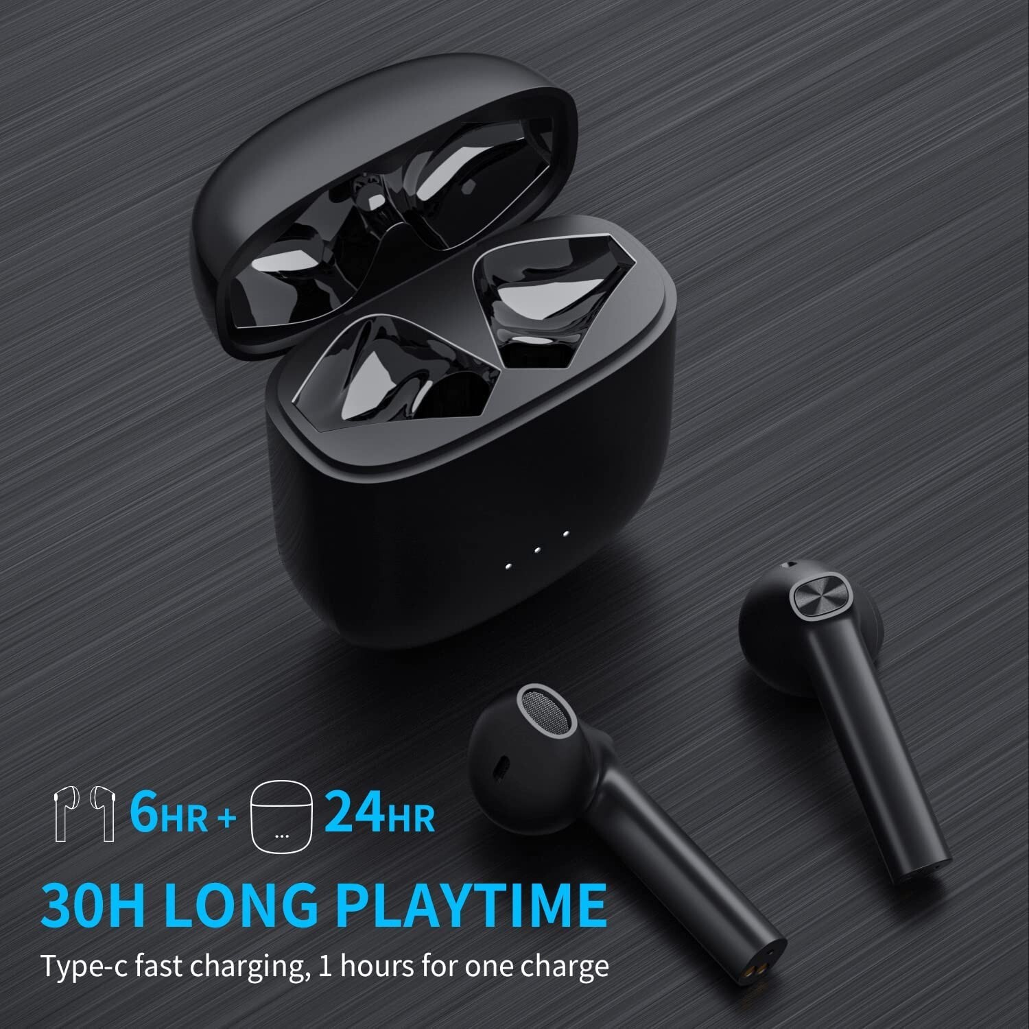 Wireless Bluetooth Earphones Clear Call w Charging Case Black & Mic NEW