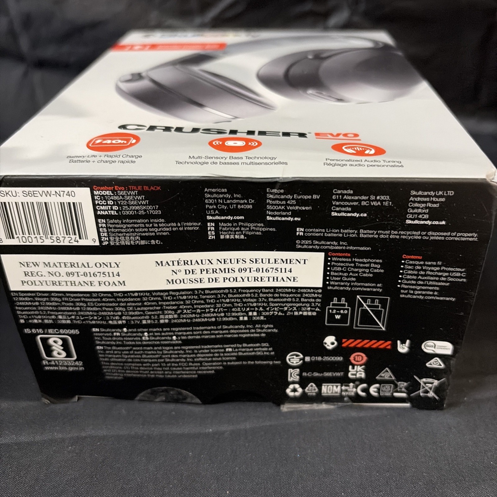 Skullcandy Crusher Evo Wireless Headphones True Black NEW SEALED