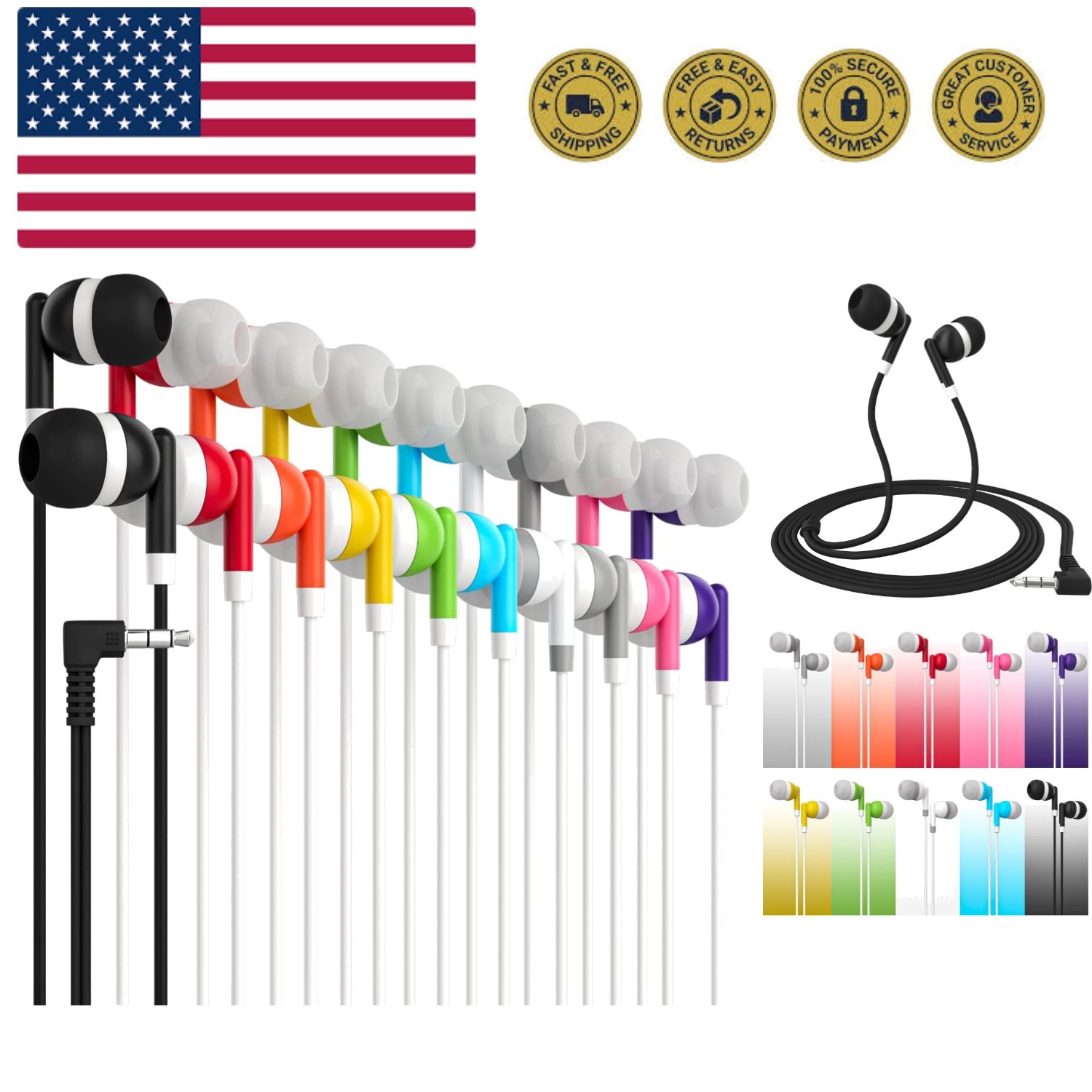 Bulk Earbuds with 3.5 mm Headphone Plug – 10 Pack Wholesale Bundle – Multi Color
