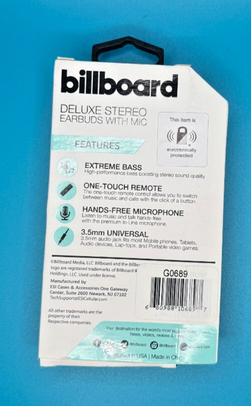 Billboard Pure Stereo Earbuds With Mic Extreme Bass 3.5 Universal Teal Brand New