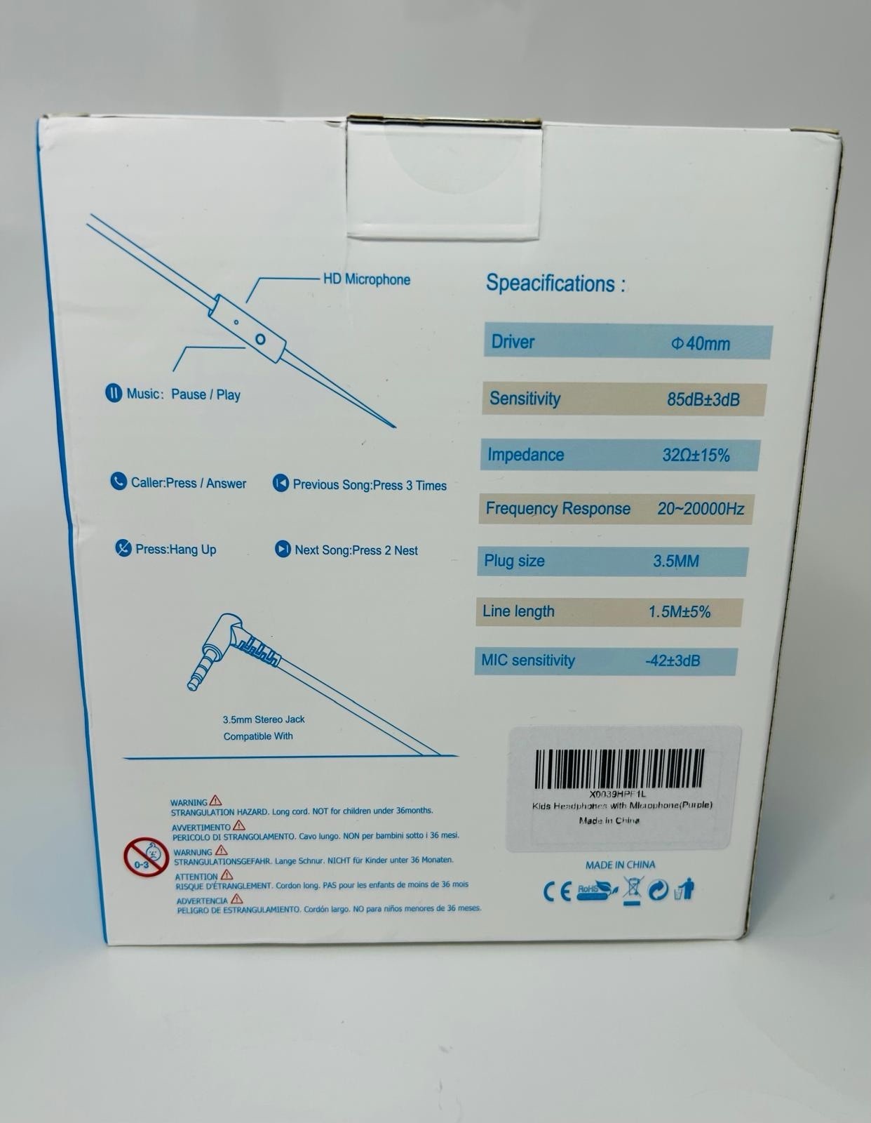 DREATI D879 Wired On-Ear Headphones 3.5mm Mic 1.5M Blue White