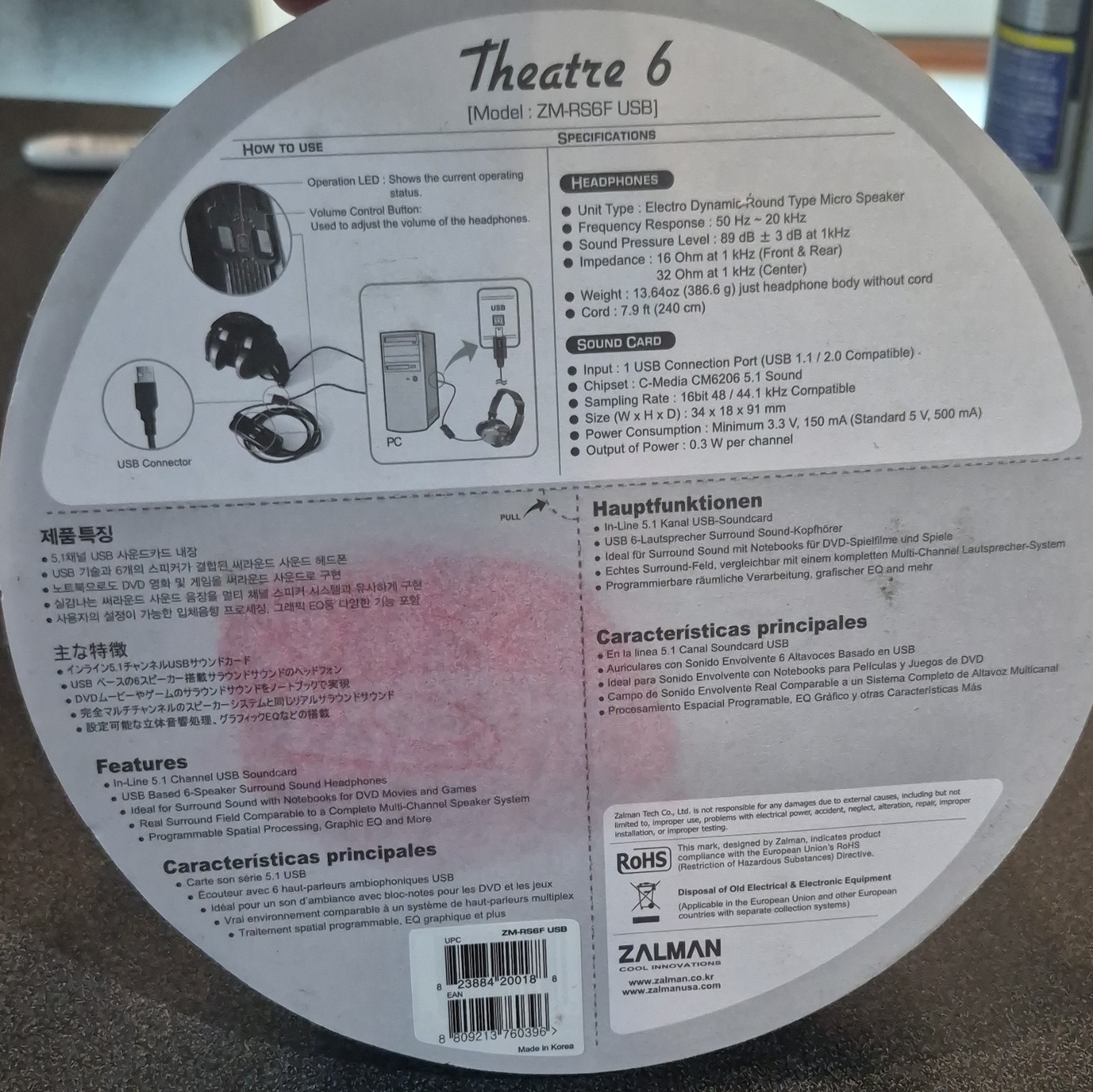 Gaming Headphones Zalman Theatre 6 USB 5.1 Surround Sound Headphones NOS