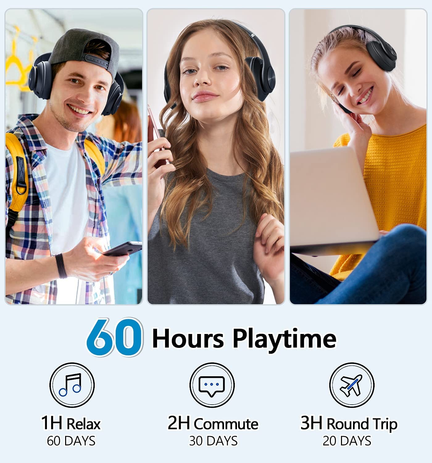 Bluetooth Headphones Over Ear, 60 Hours Playtime Foldable Headphones Wireless…