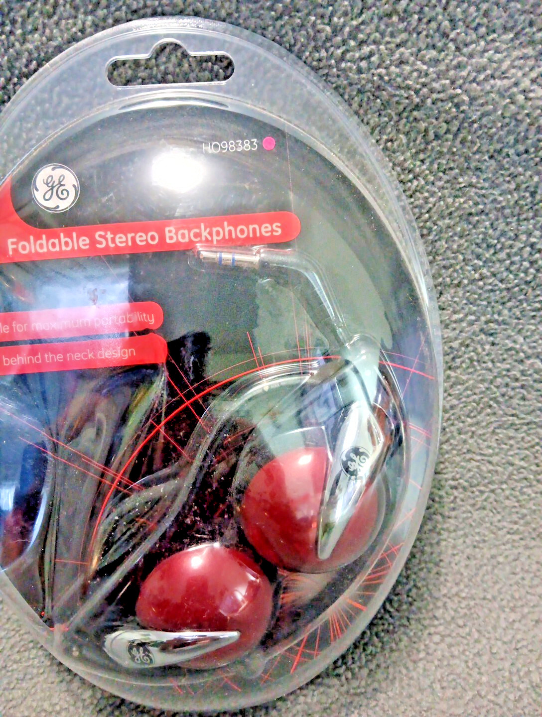 GE Foldable Stereo Back-Phones Red/Black NOS Factory Sealed 3.5mm Jack HO98383