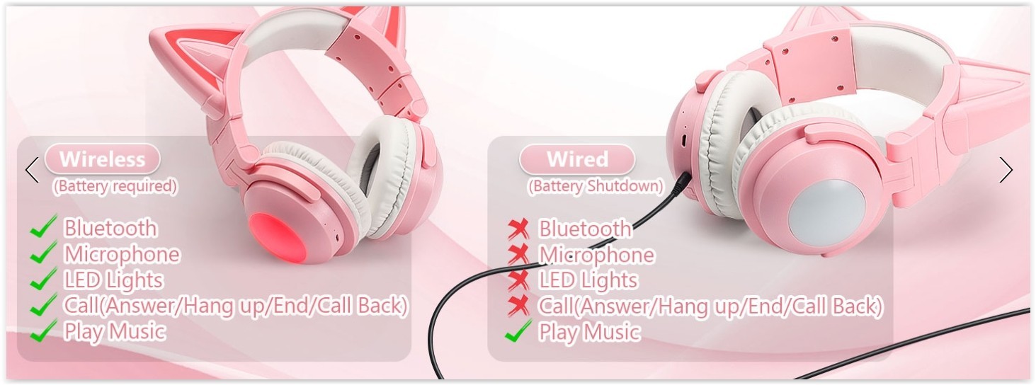 Cute Cat Ear Bluetooth Headphones for Kids & Adults, LED Lights, Foldable NOB