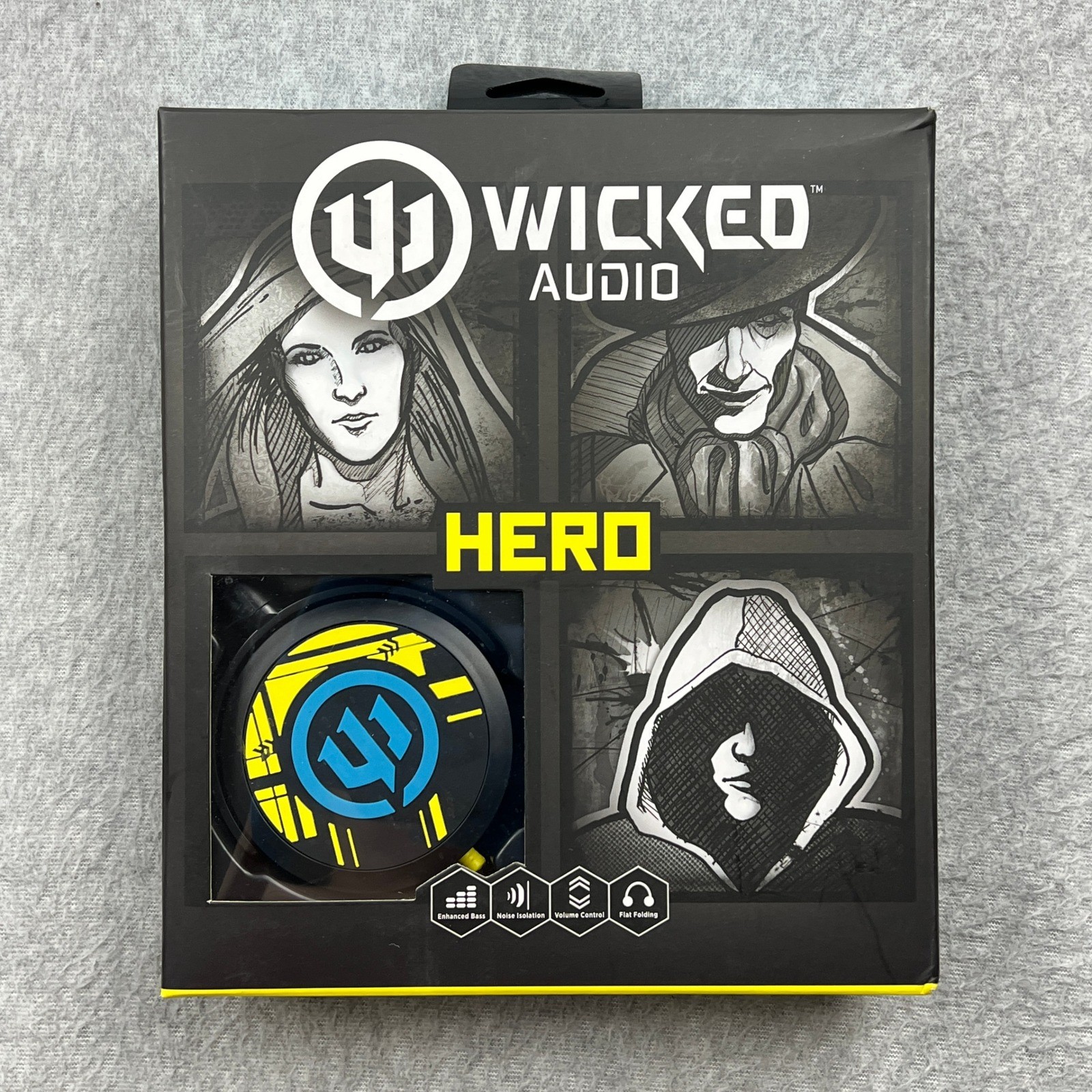 NEW Wicked Audio Hero Headphones Black Yellow Blue WI-8310 Wired Bass Folding