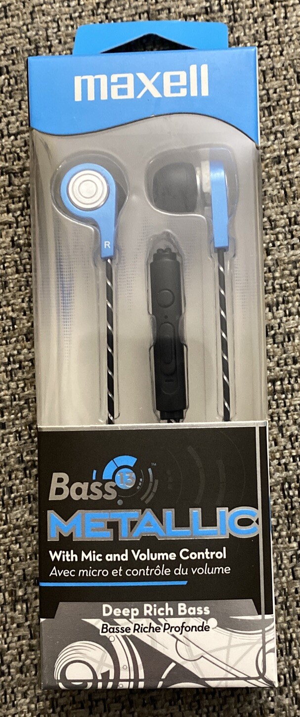 Maxell Bass 13 Metallic Earbuds with Mic & Volume Control Blue Deep Rich Bass